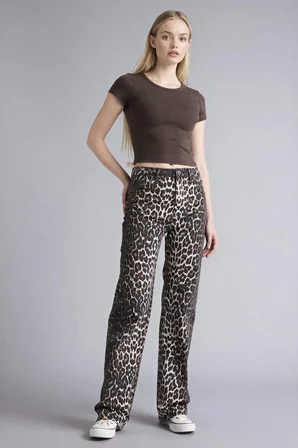 DeFacto Straıght Fıt Yüksek Bel Leopar Desenli Gabardin Pantolon D1229AX26SPBK81
