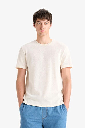 DeFacto Regular Fit Bisiklet Yaka Kısa Kollu Triko Görünümlü Tişört E3963AX25SMWT46