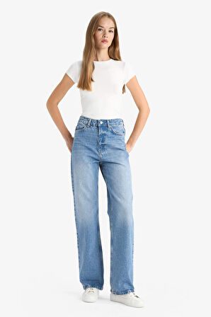Straight Fit Yüksek Bel Uzun Jean Yıkamalı Pantolon