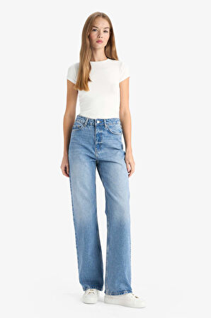 Straight Fit Yüksek Bel Uzun Jean Yıkamalı Pantolon