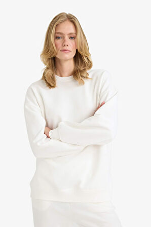 Oversize Geniş Kalıp Bisiklet Yaka Basic Düz Kalın Sweatshirt