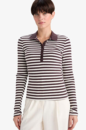 Slim Fit Dar Kesim Polo Yaka Çizgili Fitilli Kaşkorse Uzun Kollu Tişört