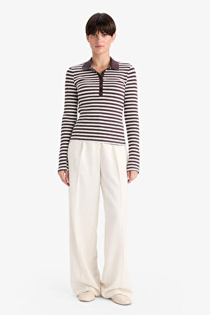 Slim Fit Dar Kesim Polo Yaka Çizgili Fitilli Kaşkorse Uzun Kollu Tişört