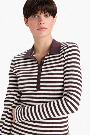 Slim Fit Dar Kesim Polo Yaka Çizgili Fitilli Kaşkorse Uzun Kollu Tişört