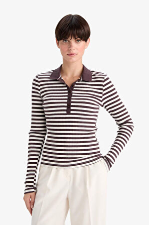 Slim Fit Dar Kesim Polo Yaka Çizgili Fitilli Kaşkorse Uzun Kollu Tişört