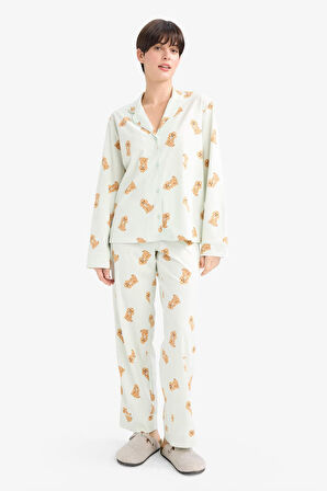 Pijama Takımı Regular Fit Köpek Desenli Uzun Kollu Üst Uzun Alt-Fall in Love 