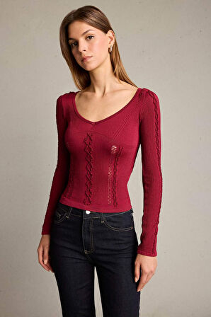 Fitted V Yaka Uzun Kollu Tişört