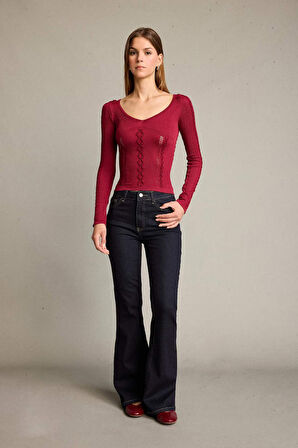 Fitted V Yaka Uzun Kollu Tişört