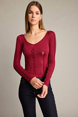 Fitted V Yaka Uzun Kollu Tişört