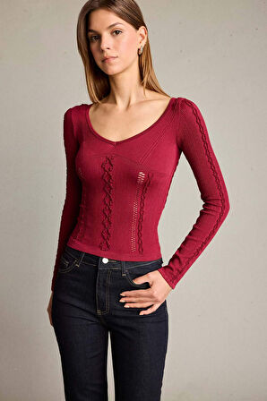 Fitted V Yaka Uzun Kollu Tişört