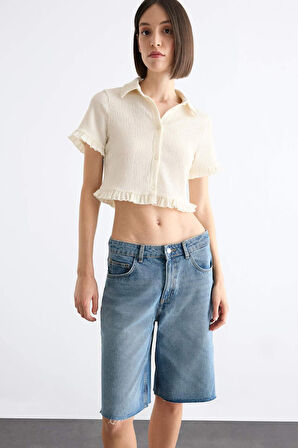 Crop Kısa Kollu Beyaz Gömlek