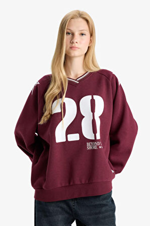 Coool Oversize Geniş Kalıp V Yaka Baskılı Kalın Sweatshirt