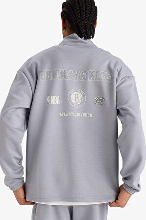 DeFactoFit NBA Brooklyn Nets Boxy Fit Dik Yaka Fermuarlı Sırt Baskılı Skuba Dalgıç Kumaş Sweatshirt 