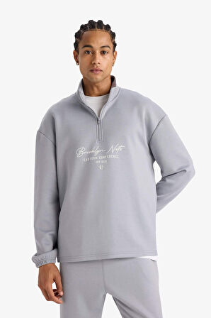 DeFactoFit NBA Brooklyn Nets Boxy Fit Dik Yaka Fermuarlı Sırt Baskılı Skuba Dalgıç Kumaş Sweatshirt 