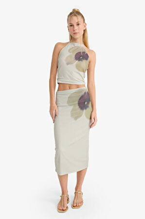Coool Normal Bel Çiçek Desenli Tül Midi Kalem Etek 