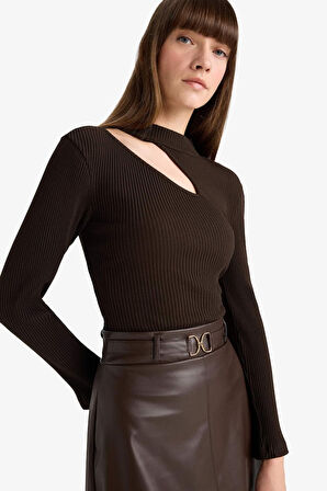 Slim Fit Dar Kesim Bisiklet Yaka Fitilli Kaşkorse Uzun Kollu Tişört