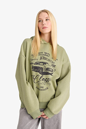 Overshirt Fit Kapüşonlu Baskılı Sweatshirt