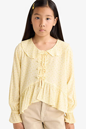 Kız Çocuk Önden Bağlamalı Desenli Uzun Kollu Bluz