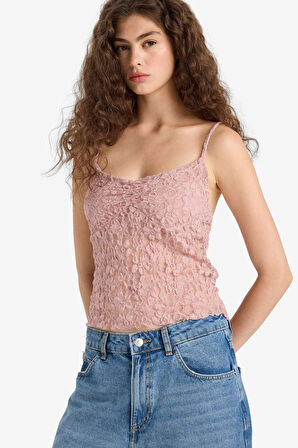 Slim Fit Dar Kesim V Yaka Dantel Askılı Atlet