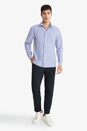 Modern Fit Polo Yaka Çizgili Krinkıl Uzun Kollu Gömlek