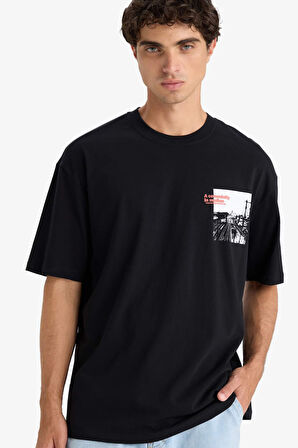 Boxy Fit Bisiklet Yaka Baskılı Kısa Kollu Tişört