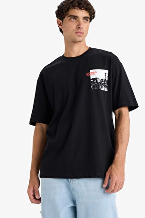 Boxy Fit Bisiklet Yaka Baskılı Kısa Kollu Tişört