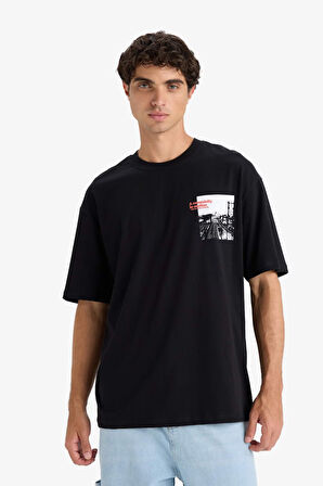 Boxy Fit Bisiklet Yaka Baskılı Kısa Kollu Tişört