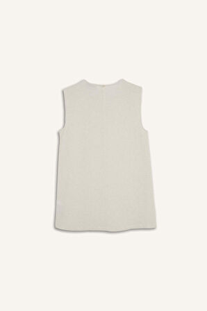 Regular Fit Bisiklet Yaka Basic Düz Keten Karışımlı Kolsuz Tunik