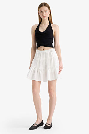 Coool Yüksek Bel Penye Astar Keten Görünümlü Mini Etek