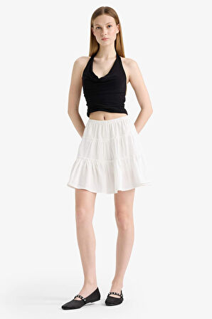 Coool Yüksek Bel Penye Astar Keten Görünümlü Mini Etek