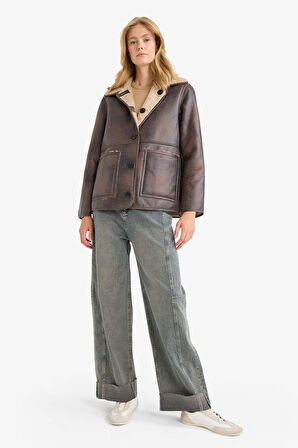 Çift Taraflı Regular Fit Polo Yaka Suni Kürk Astarlı Mont