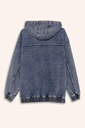 Oversize Geniş Kalıp Kapüşonlu Fermuarlı Denim Ceket