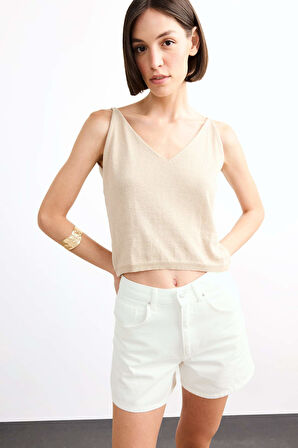 V Yaka Crop Askılı Bluz