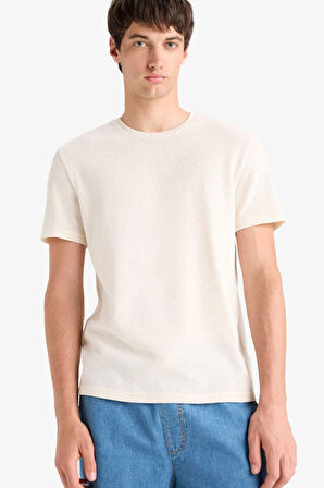 DeFacto Regular Fit Bisiklet Yaka Kısa Kollu Triko Görünümlü Tişört E3963AX25SMWT46