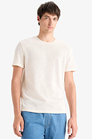 DeFacto Regular Fit Bisiklet Yaka Kısa Kollu Triko Görünümlü Tişört E3963AX25SMWT46