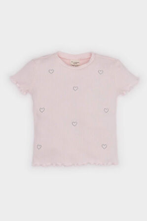 DeFacto Kız Bebek Bisiklet Yaka Kalp Desenli Fitilli Kaşkorse Kısa Kollu Tişört F3692A525SMPN648