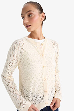 Regular Fit Bisiklet Yaka Ajurlu Düğmeli Triko Hırka