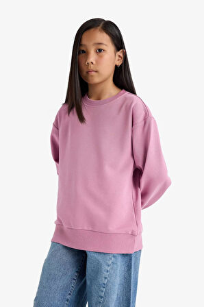 Kız Çocuk Relax Fit Bisiklet Yaka Basic Düz Sweatshirt