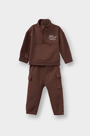 Erkek Bebek 2'li Takım Baskılı Yarım Fermuarlı Sweatshirt Eşofman Altı