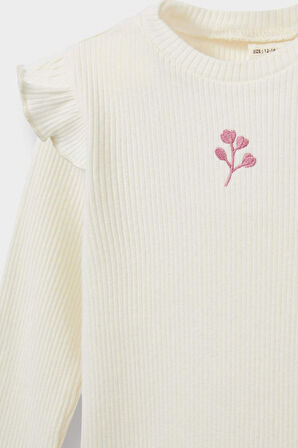 Kız Bebek Regular Fit Bisiklet Yaka Çiçekli Fitilli Kaşkorse Uzun Kollu Tişört