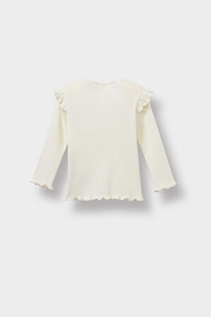 Kız Bebek Regular Fit Bisiklet Yaka Çiçekli Fitilli Kaşkorse Uzun Kollu Tişört