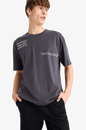 Boxy Fit Bisiklet Yaka Baskılı Kısa Kollu Tişört