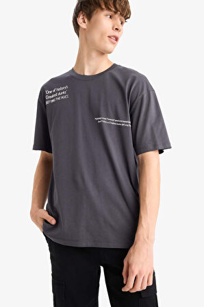 Boxy Fit Bisiklet Yaka Baskılı Kısa Kollu Tişört