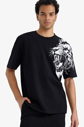 Boxy Fit Bisiklet Yaka Baskılı Kısa Kollu Tişört