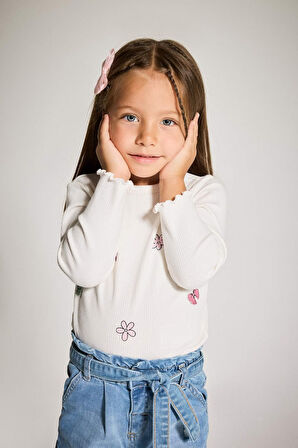 Kız Bebek Bisiklet Yaka Desenli Uzun Kollu Tişört