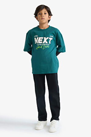 Erkek Çocuk Oversize Geniş Kalıp Bisiklet Yaka Baskılı Uzun Kollu Tişört 