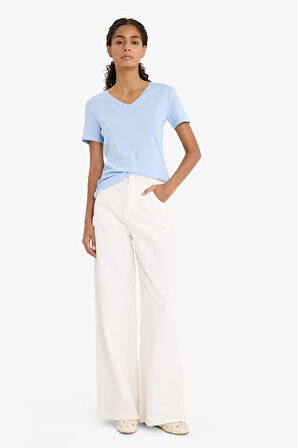 Slim Fit Dar Kesim V Yaka Basic Düz Ribana Kısa Kollu Tişört