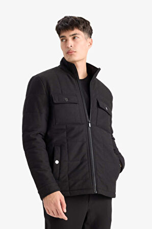 Slim Fit Dar Kesim Dik Yaka Astarlı Fermuarlı Cepli Kışlık Şişme Penye Mont