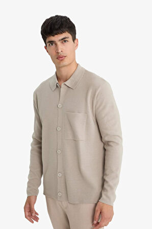 Standart Fit Polo Yaka Düğmeli Ön Cep Detaylı Triko Hırka