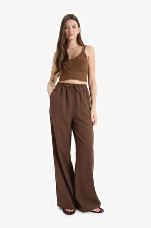 Wide Leg Cepli Yüksek Bel Standart Boy Keten Karışımlı Pantolon